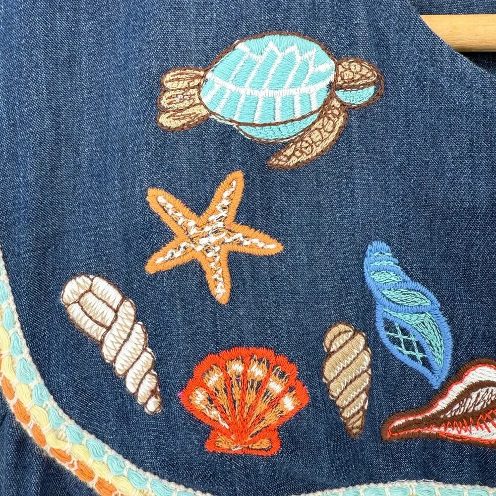 Go Softly Denim Embroidered Turtle Shell Patio Dress Sz XL Sea Life Full Zip - Picture 4 of 10
